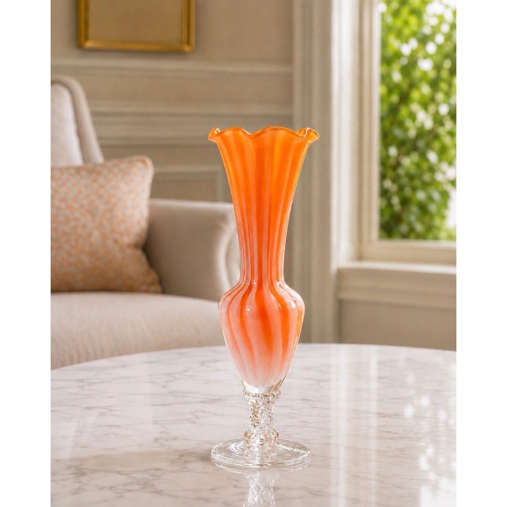 Vintage Hand Blown Orange White Swirl Art Glass Bud Vase MCM Ribbed 8"